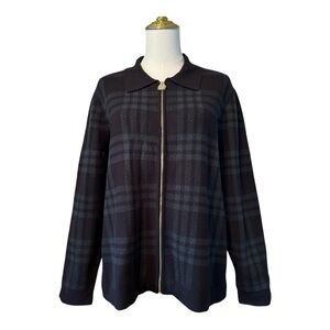 Anne Klein Black Green Plaid Zip Sweater Cardigan Jacket XL NWT